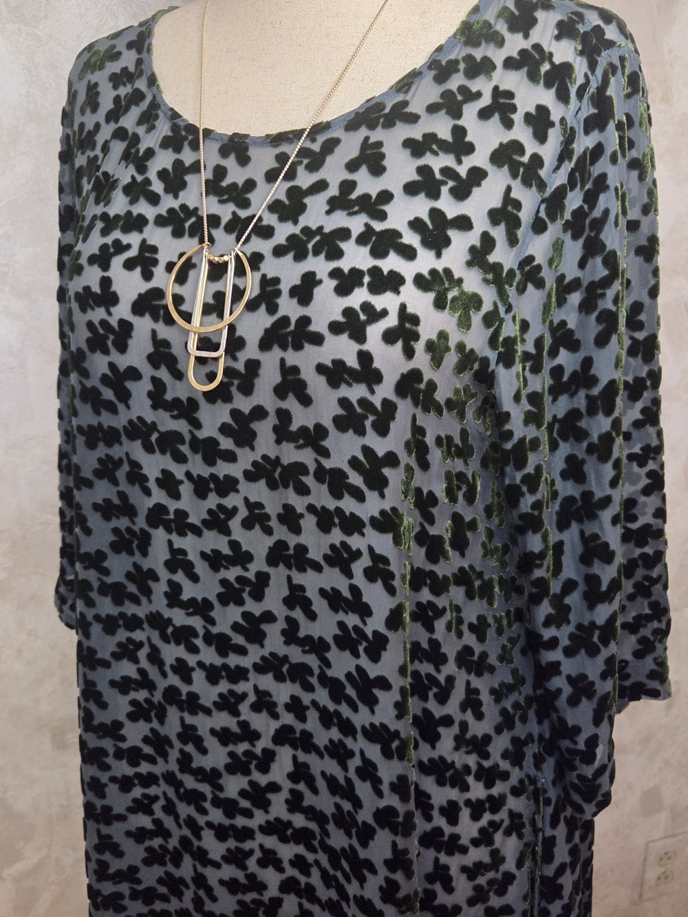 Grizas Silk Velvet Burnout Tunic Dress Green Sheer Oversized Boho Luxe Lithuania